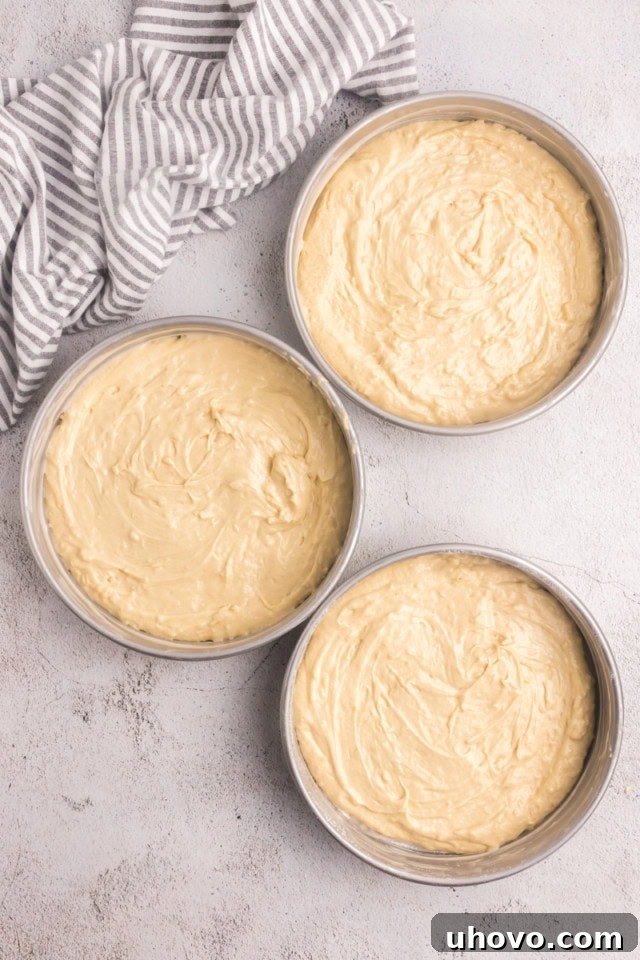 Overhead view of Italian cream cake batter evenly divided into three round cake pans, ready for baking.