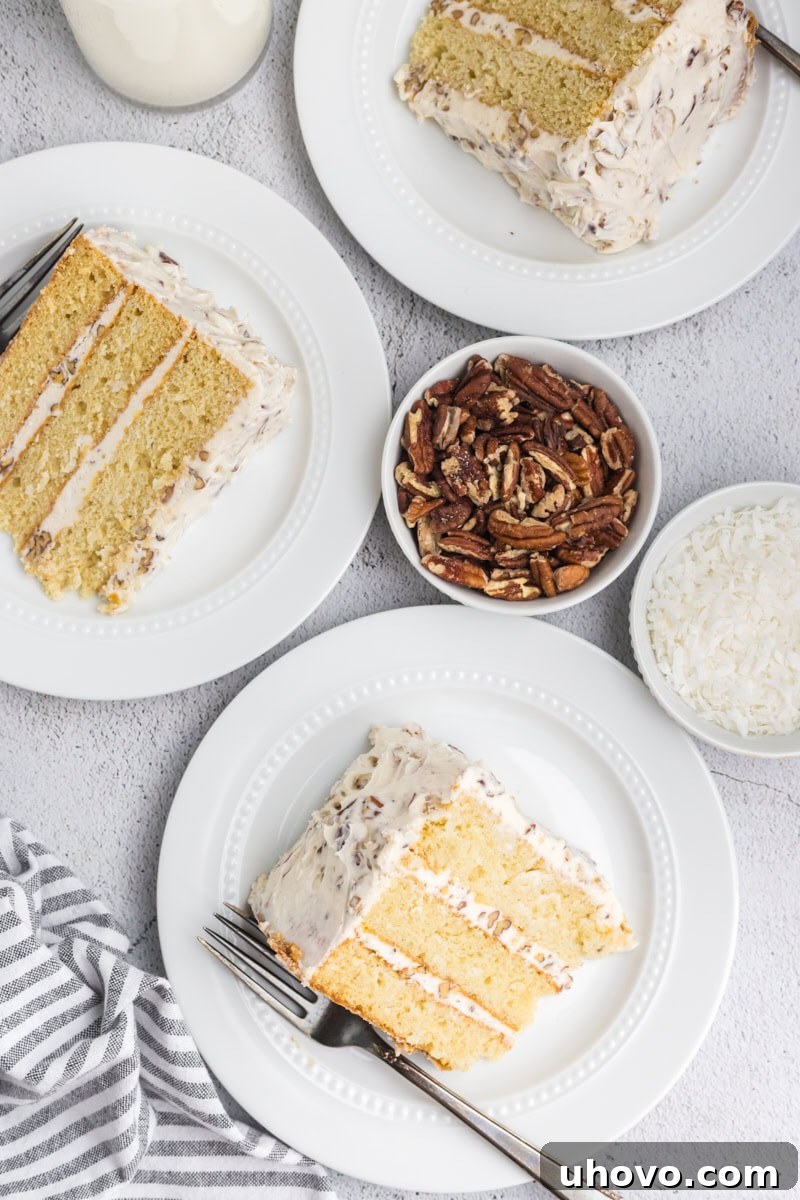 An inviting overhead view of three generous slices of Italian cream cake, each on a pristine white plate, promising a delightful dessert experience.
