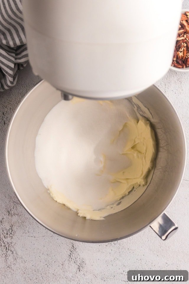 Overhead shot of granulated sugar being added to creamed butter in the bowl of a stand mixer, demonstrating a key step in cake batter preparation.