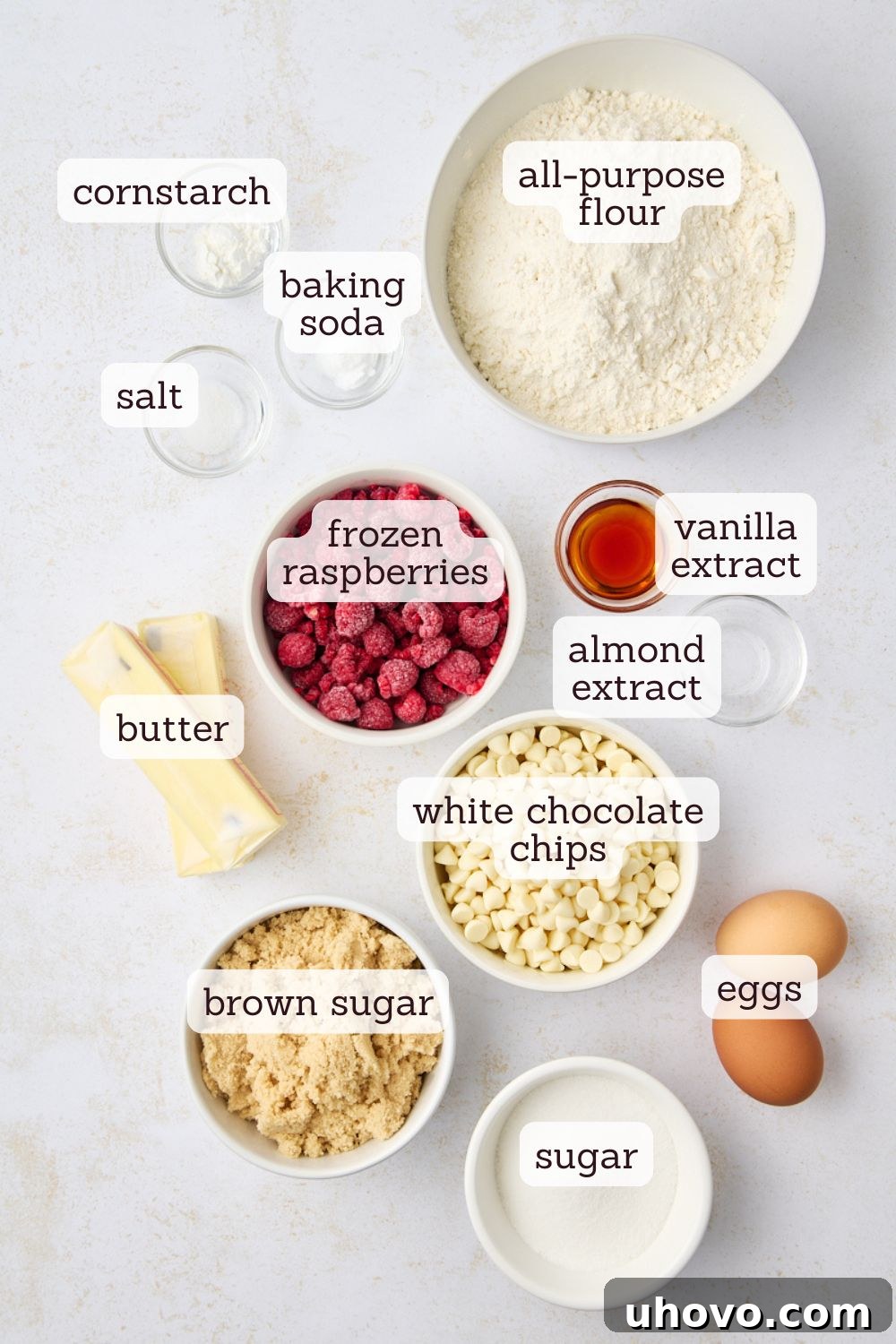 overhead view of ingredients for raspberry white chocolate cookies