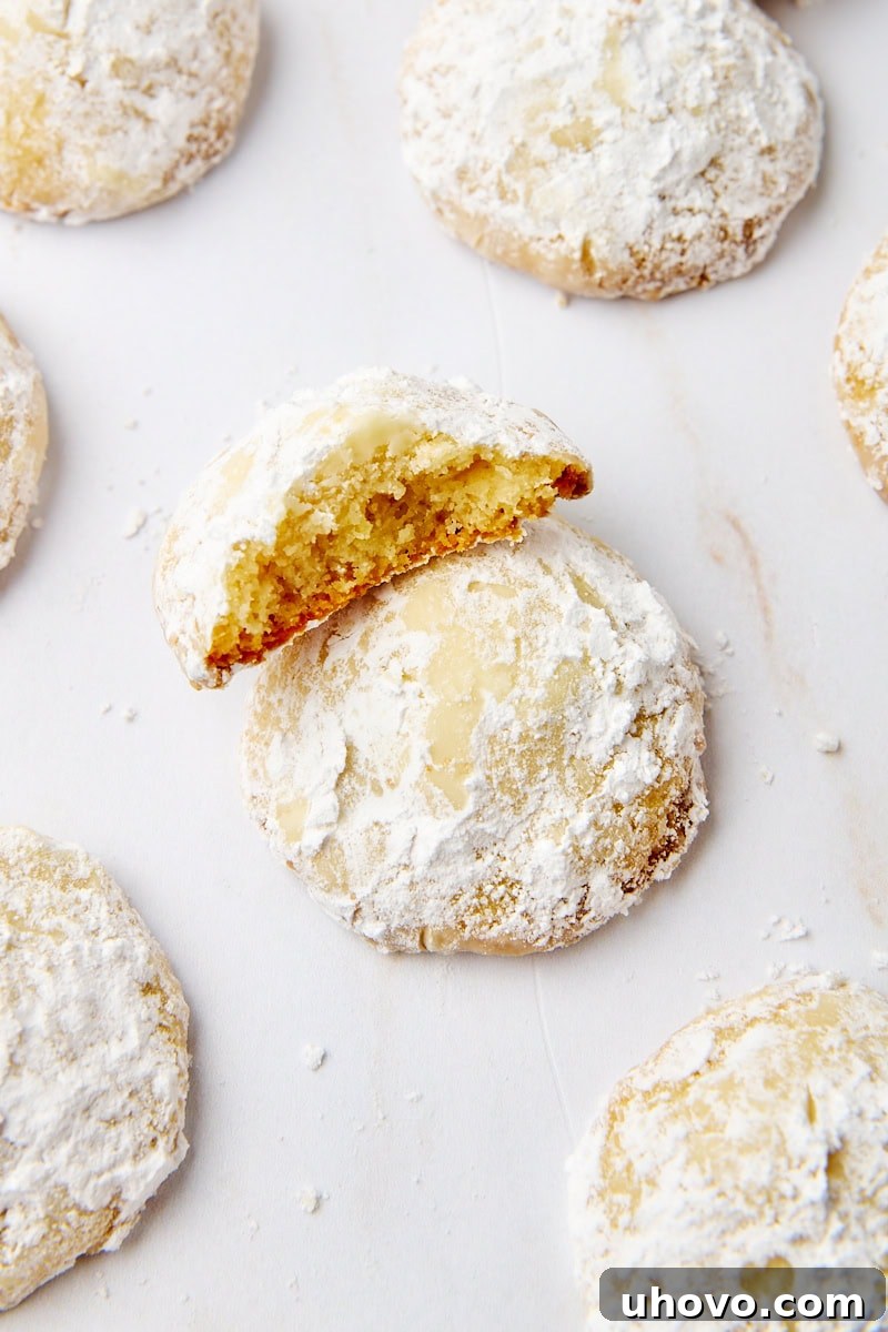 A half of a lemon cooler cookie leaning against a whole one, with more cookies casually arranged around them, inviting a closer look at their delicate crumb.