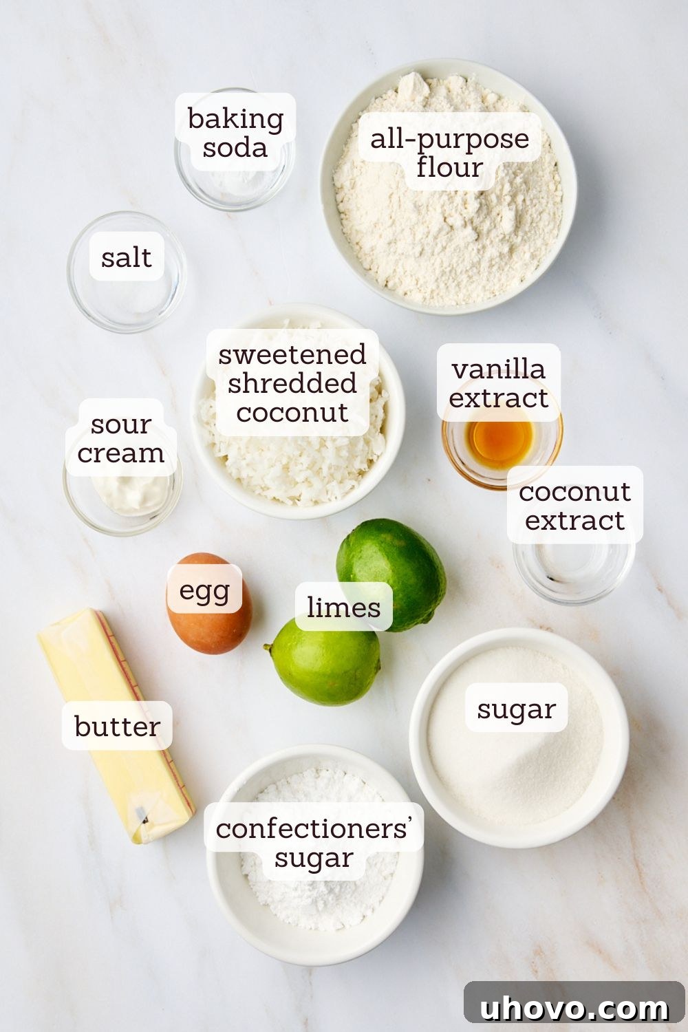 Overhead view of various fresh ingredients laid out for making coconut lime cookies, including butter, sugar, flour, limes, and shredded coconut.