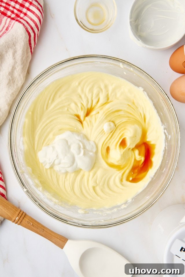 Sour cream and vanilla extract being stirred into the smooth cheesecake mixture in a glass mixing bowl, completing the filling.