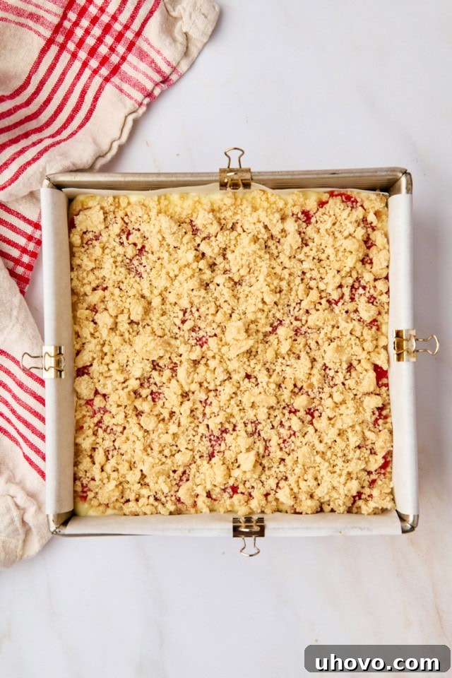 The assembled strawberry cheesecake bars in a square pan, layered with crust, cheesecake, strawberries, and crumb topping, ready to be baked in the oven.