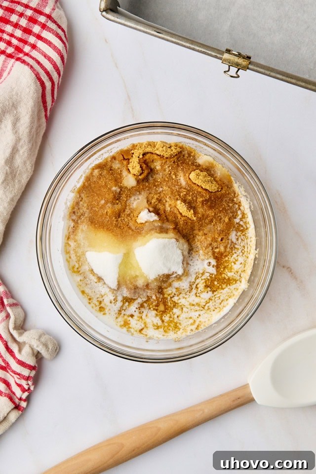 Close-up overhead view of graham cracker crumbs, granulated sugar, and melted butter in a glass mixing bowl, ready to be combined for the crust.
