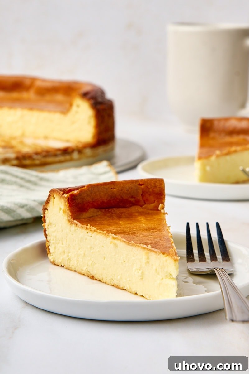 A perfectly sliced piece of classic New York cheesecake rests on a white plate with a fork, ready to be enjoyed. In the soft background, another section of cheesecake and a coffee mug hint at more indulgent moments.