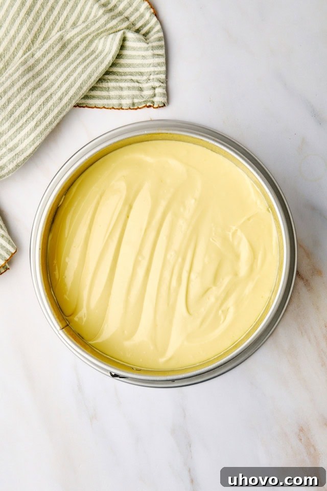 An overhead shot of the smooth New York cheesecake batter evenly spread within a springform pan, perfectly prepared and ready for baking in the oven.