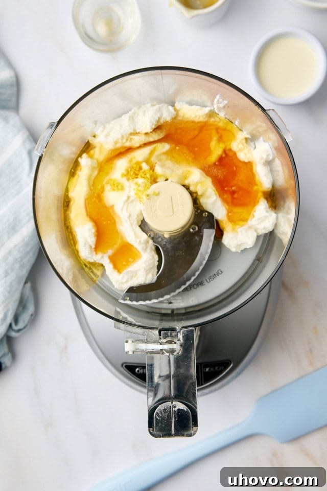 Overhead view of fresh ricotta cheese, golden honey, vanilla extract, bright lemon zest, and a pinch of salt all gathered in the bowl of a food processor, ready for blending.