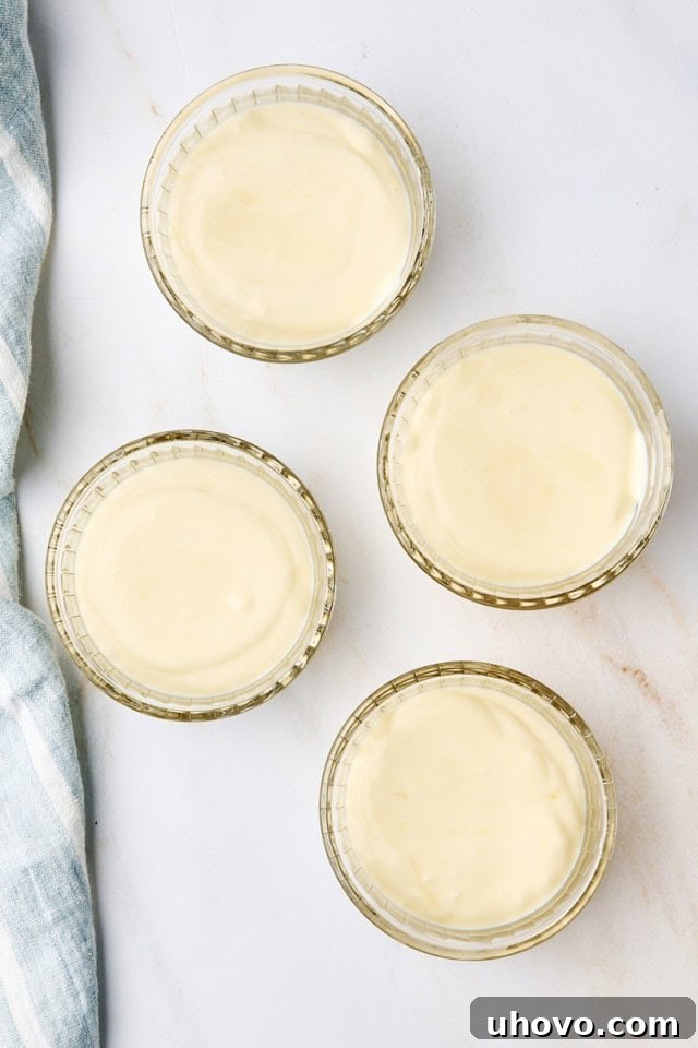 Several clear glass ramekins filled with the freshly blended ricotta mousse, neatly portioned and ready for chilling.
