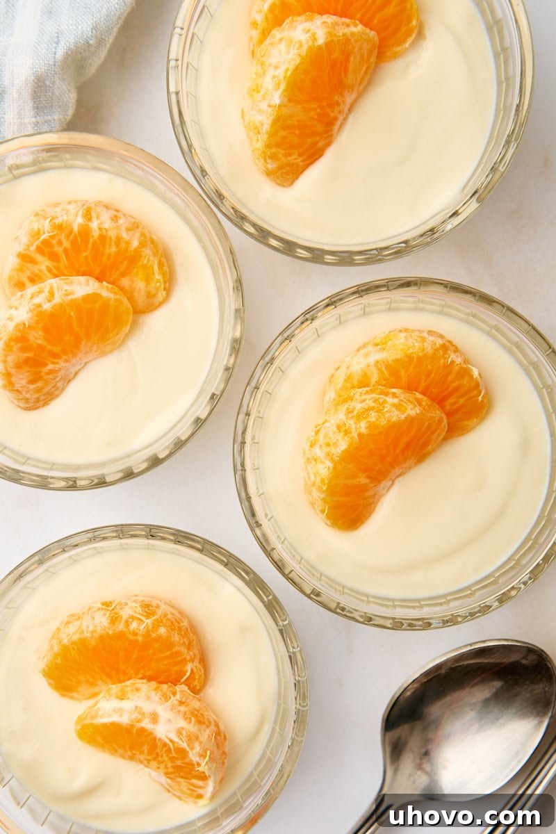 An overhead view showcasing four perfectly portioned servings of ricotta mousse, each presented in an individual clear glass ramekin and topped with fresh mandarin slices, ready to be enjoyed.
