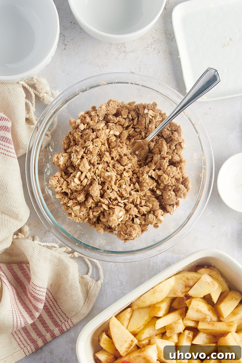 A spiced streusel topping with oats, exhibiting pea-sized clumps, prepared and ready to be sprinkled over the apple filling.