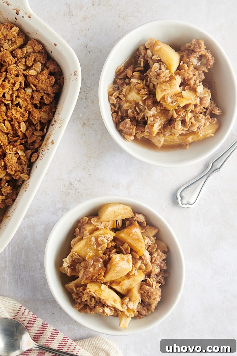Two bowls of freshly baked apple crisp, one with ice cream, sitting side by side on a kitchen countertop, ready to be enjoyed.