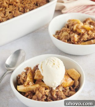 A bowl full of cooked apples and streusel with a scoop of ice cream on top.