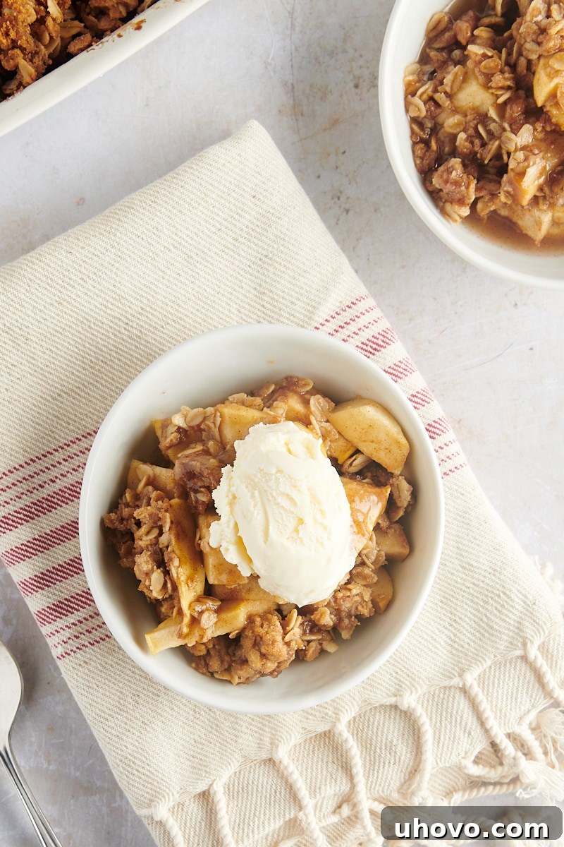 A close-up view of a bowl of apple crisp with a single scoop of vanilla ice cream, highlighting the golden-brown topping and soft apple filling.