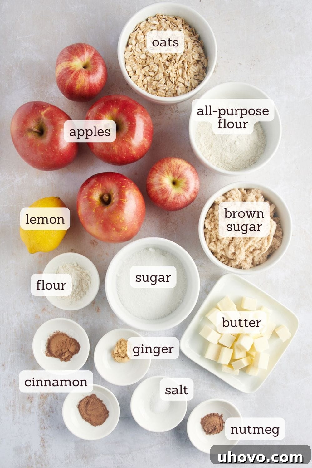 Overhead view of various fresh ingredients for apple crisp laid out on a wooden surface, including sliced apples, oats, brown sugar, flour, butter, and spices.