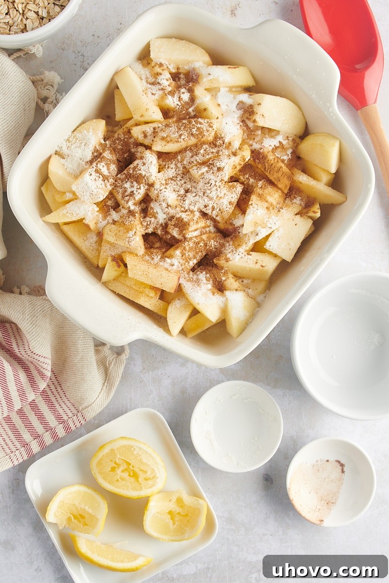 Cinnamon and sugar being sprinkled over apple slices in a baking pan, preparing the apple crisp filling.