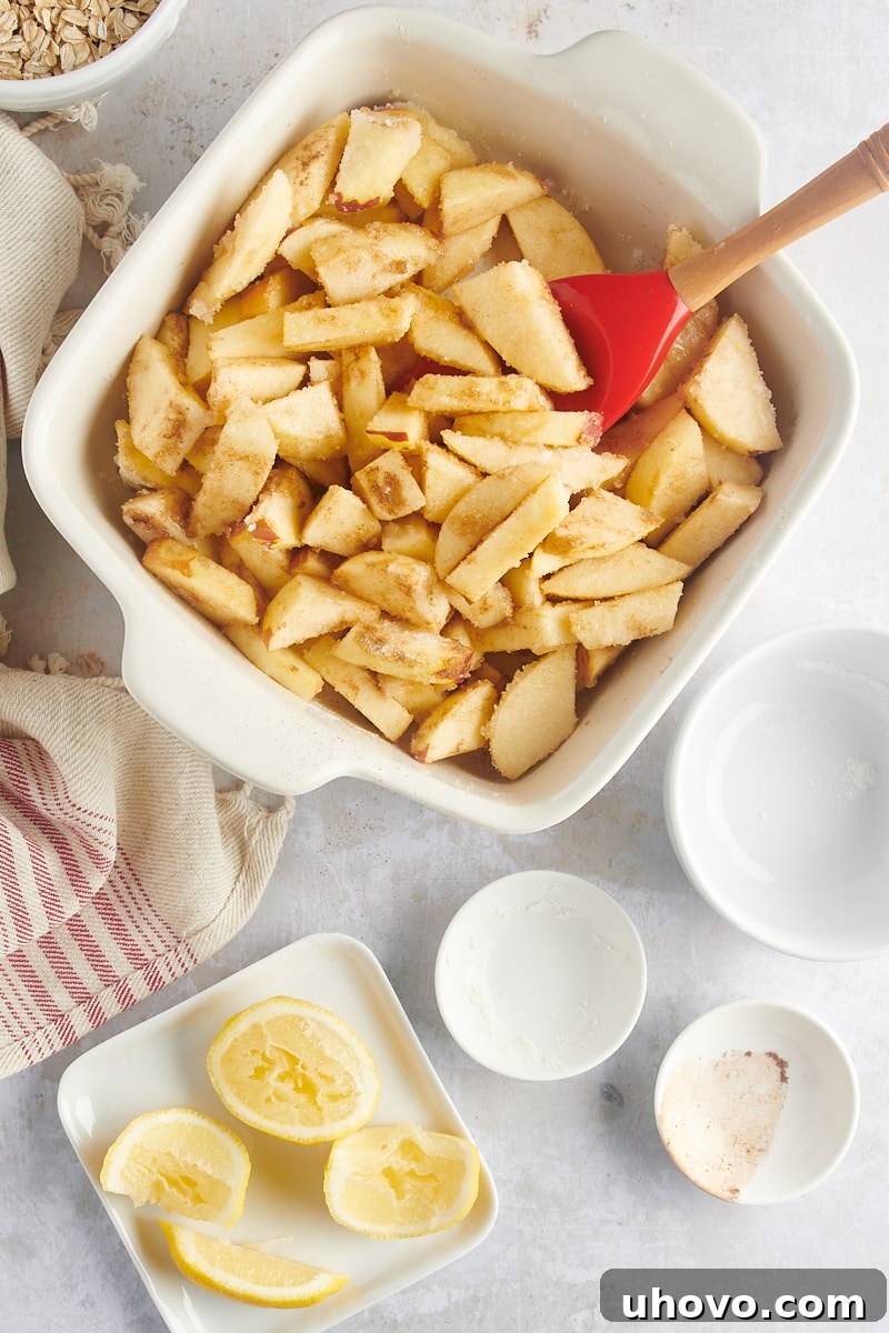 Apple slices coated in a glistening mixture of cinnamon and sugar in a baking pan, showing they are well combined.