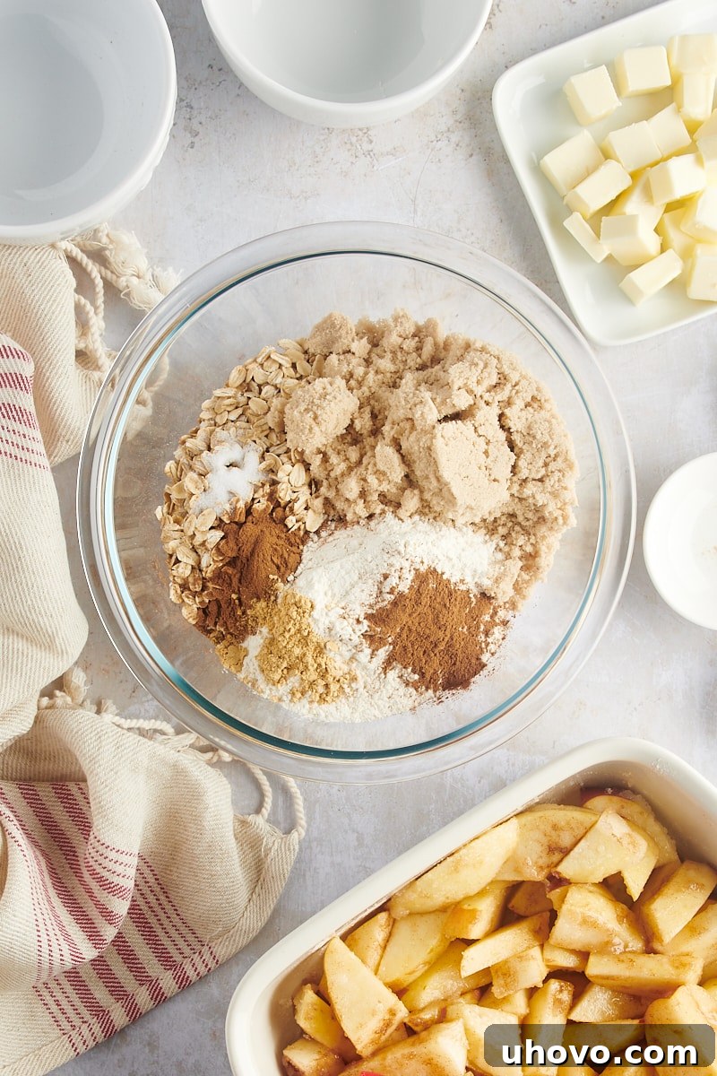 A bowl containing dry ingredients for a streusel topping, including oats, brown sugar, flour, and spices, before butter is added.