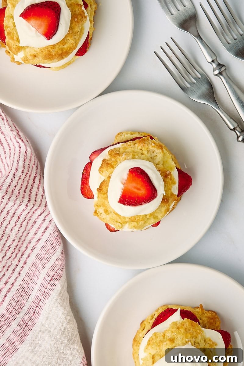 An inviting overhead view of three perfectly assembled strawberry shortcakes, each on a pristine white plate, showcasing their layers of golden biscuit, vibrant red strawberries, and white whipped cream.