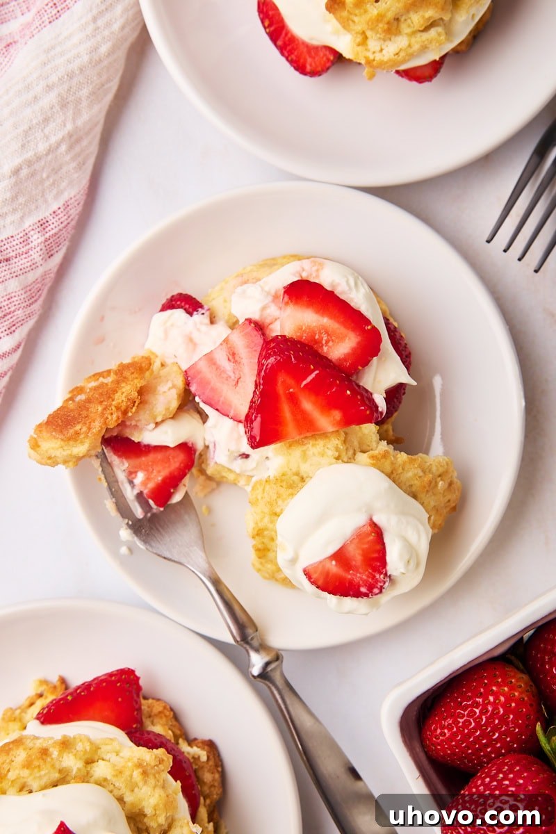 An overhead view of a strawberry shortcake on a white plate, with a fork gently taking a bite, showcasing the delightful layers of biscuit, strawberries, and whipped cream.