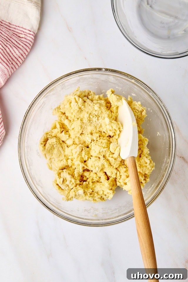 An overhead view of the biscuit dough in a glass mixing bowl, showing its shaggy, just-combined texture, emphasizing the importance of not over-mixing.