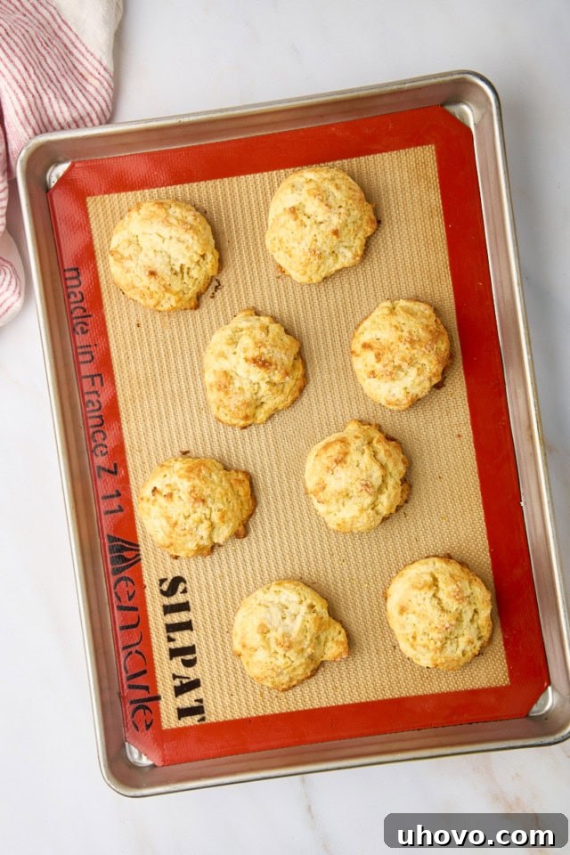 An overhead view of freshly baked, golden-brown biscuits arranged on a baking sheet, showcasing their fluffy texture and readiness for assembly.