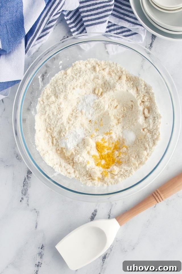 Lemon zest, baking powder, baking soda, and salt mixed into the remaining dry ingredients in a large bowl, ready for the wet ingredients.