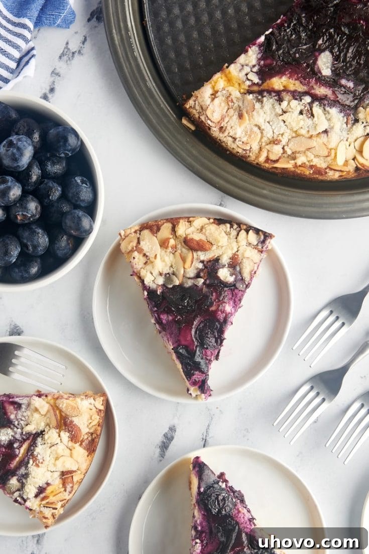 Overhead view of the finished blueberry cream cheese coffee cake, with a few slices already served on plates, highlighting its inviting presentation and delicious layers.