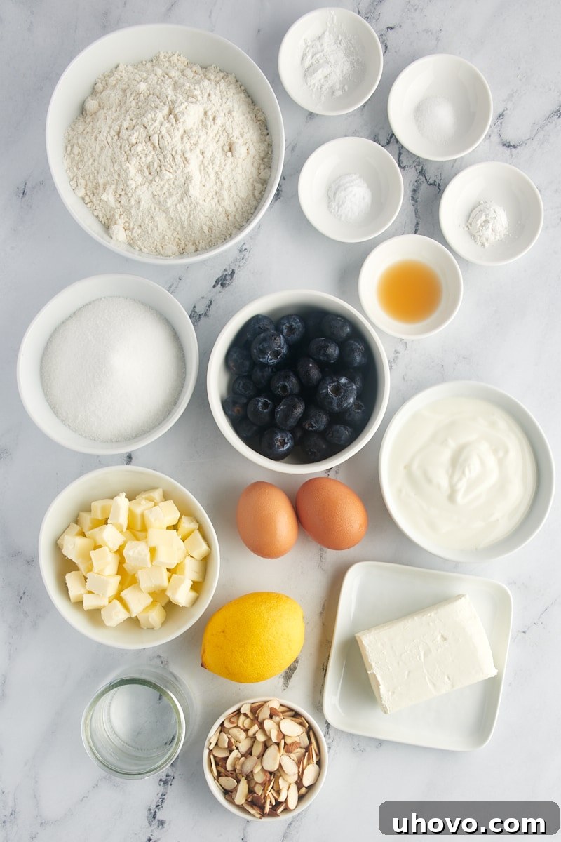 An overhead shot showcasing all the fresh, high-quality ingredients laid out on a baking surface, ready to be transformed into a delicious blueberry cream cheese coffee cake.