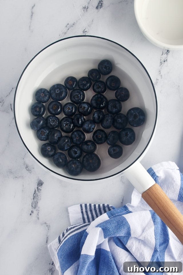Close-up overhead view of fresh blueberries, water, and lemon juice simmering gently in a saucepan, beginning to release their vibrant juices for the topping.