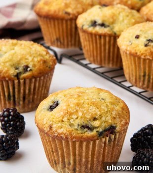 A blackberry muffin on a white countertop with more muffins on a wire rack in the background, showing its golden brown top and perfect texture.