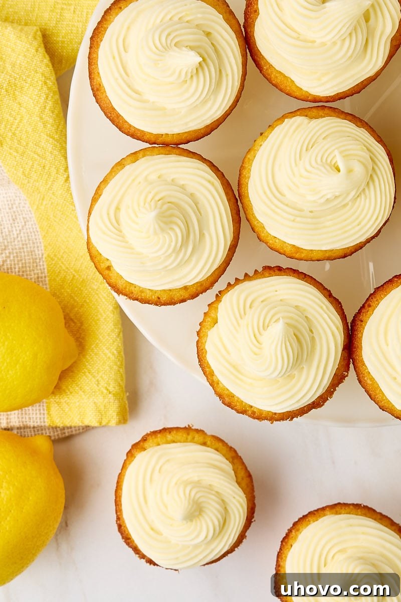 Overhead shot of a dozen beautifully frosted lemon cupcakes artfully arranged on a pristine white countertop, ready to be enjoyed.