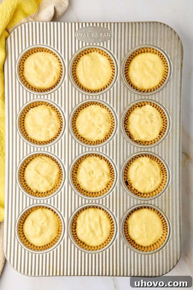 Overhead view of a muffin pan filled with cupcake batter in paper liners, perfectly portioned and ready to be placed in the oven.