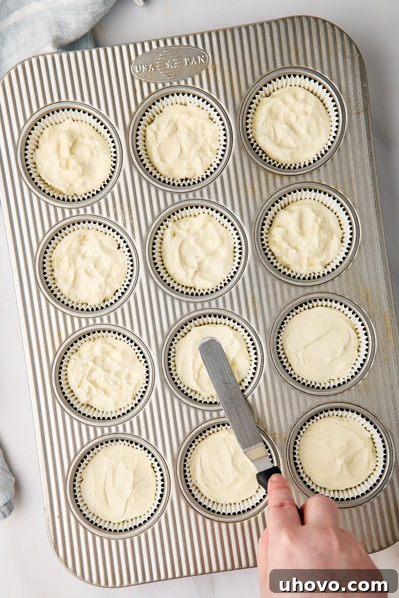 An overhead view depicting the smooth, creamy no-bake cheesecake filling being expertly spread over the chilled graham cracker crusts within a muffin pan, creating a perfectly even layer.
