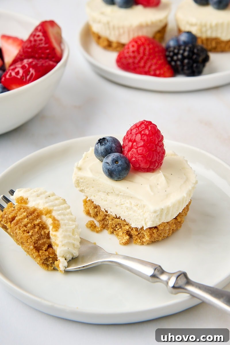 A single, perfectly formed mini no-bake cheesecake served on a white plate, with a fork gently taking a bite, revealing its creamy texture and inviting taste.
