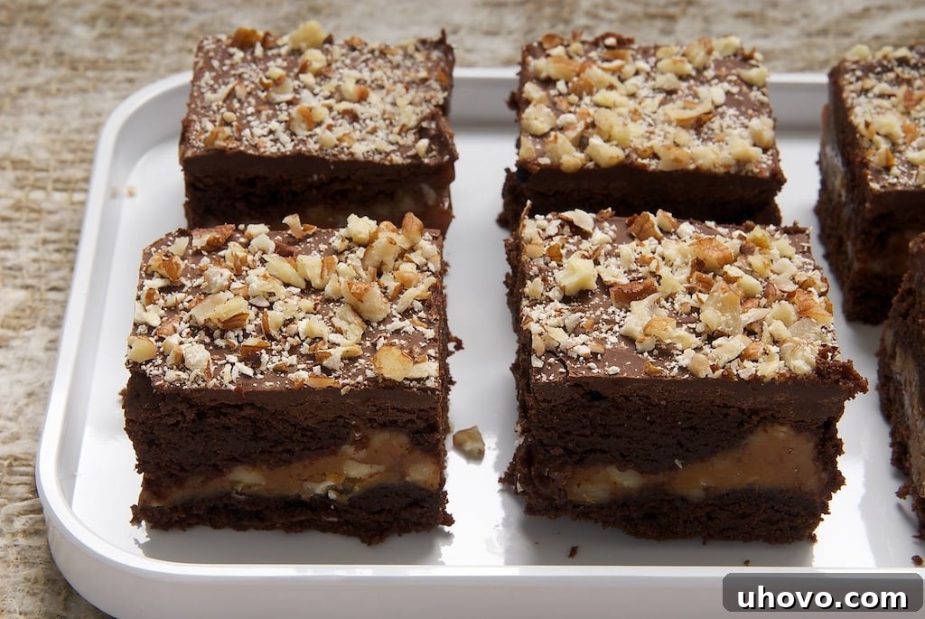 Layers of rich chocolate brownie, gooey caramel, and crunchy pecans create a decadent Caramel Pecan Brownie square.