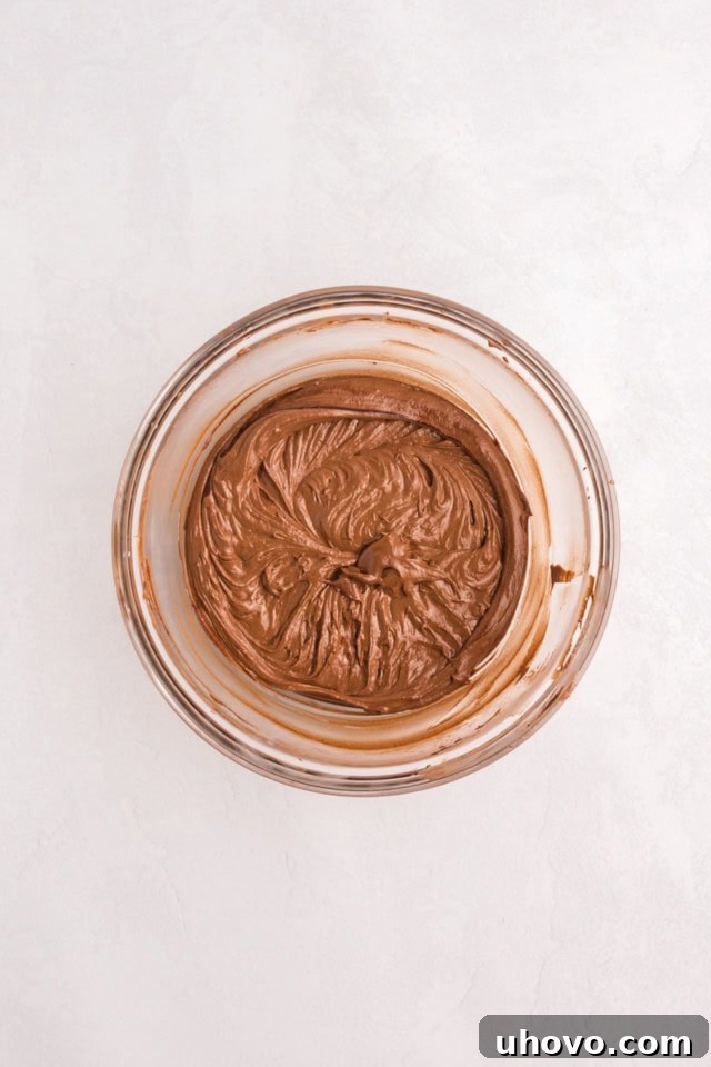 An overhead view of a rich chocolate cupcake batter in a glass mixing bowl, perfectly combined after the addition of cocoa and melted chocolate, ready for swirling with the vanilla batter.