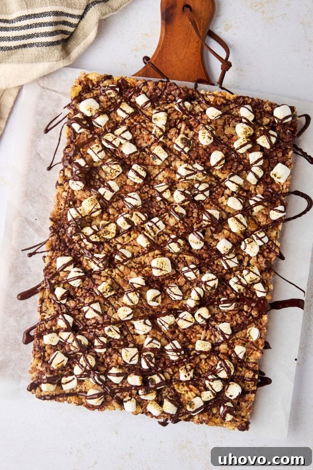 overhead view of s'mores rice crispy treats topped with chocolate drizzle