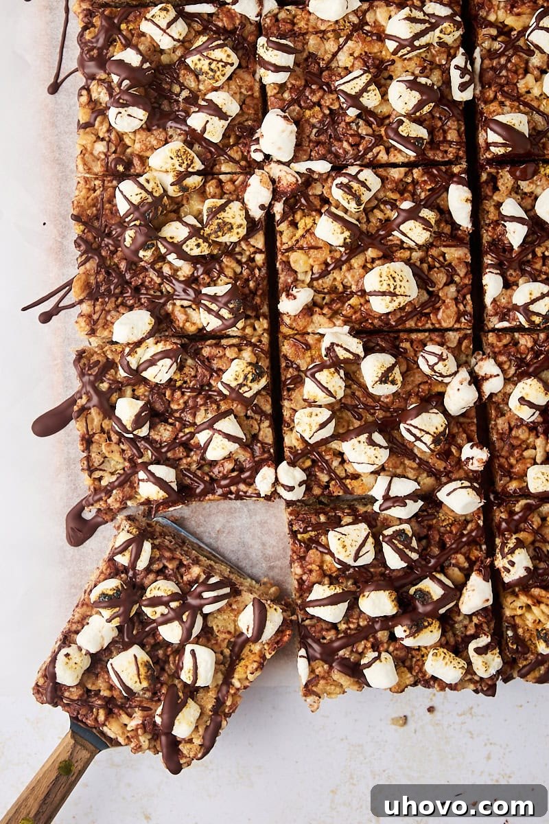 overhead view of sliced s'mores rice crispy treats on parchment paper