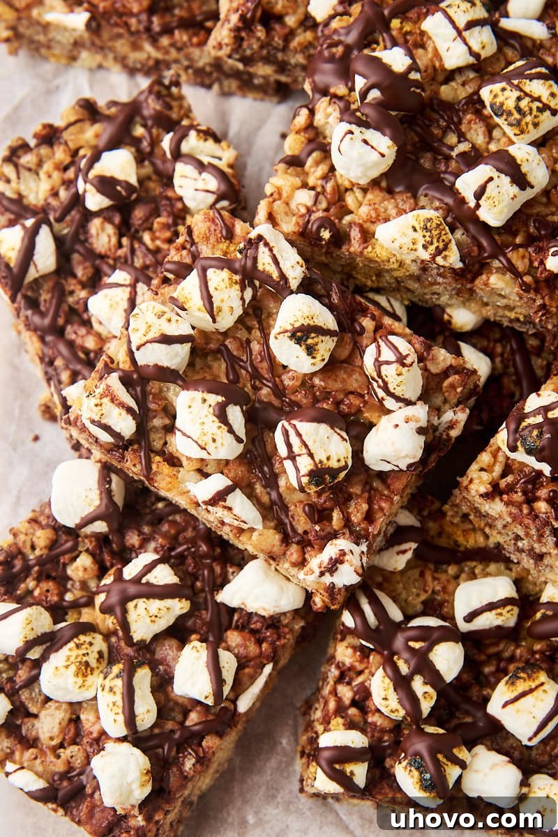 overhead view of a stacked pile of s'mores rice crispy treats