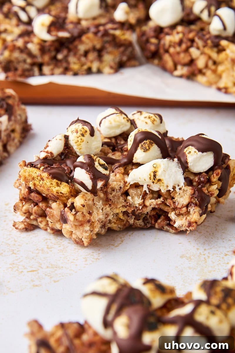 a s'mores rice crispy treat with a bite missing, surrounded by more bars