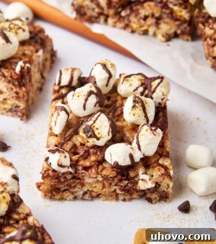 a s'mores rice crispy treat on a white surface surrounded by more bars