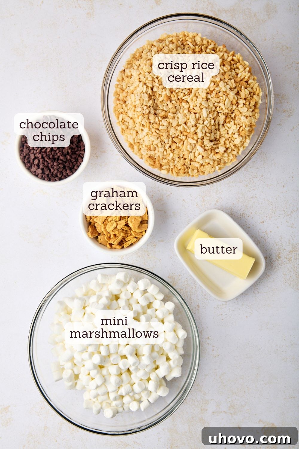 overhead view of ingredients for s'mores rice crispy treats