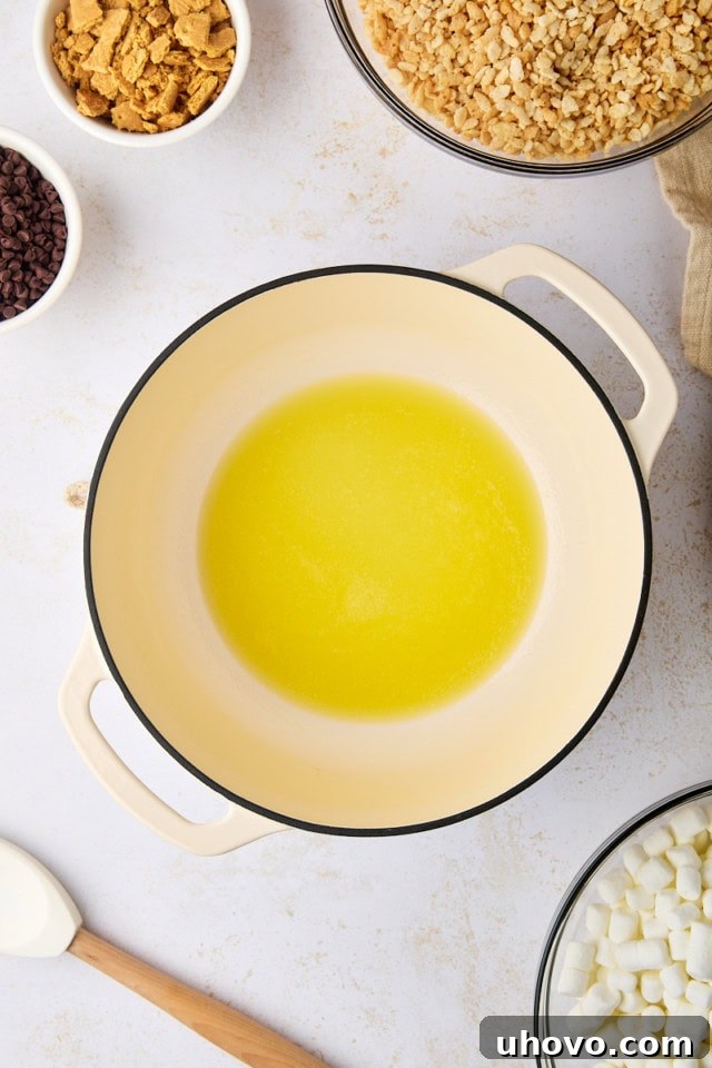 overhead view of melted butter in a saucepan
