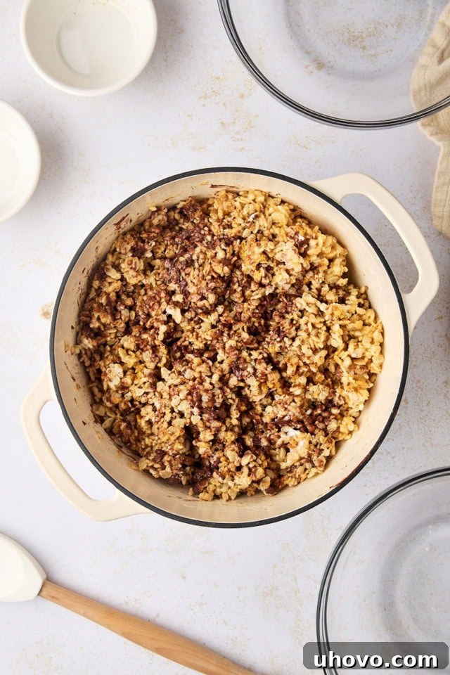 overhead view of s'mores rice crispy treats mixture in a saucepan