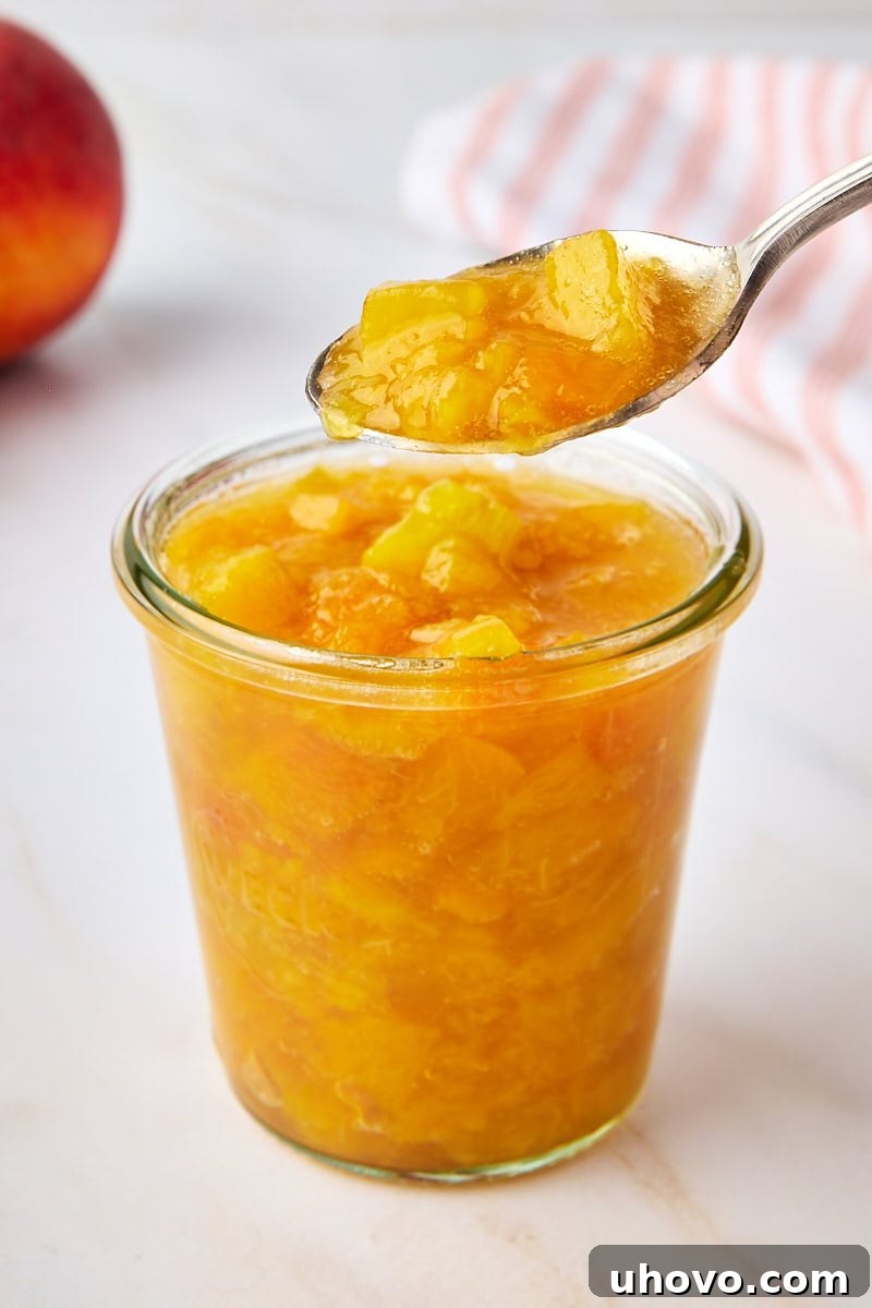 A glass jar filled with vibrant peach compote, with a spoonful resting gracefully over the rim, showcasing its rich texture.