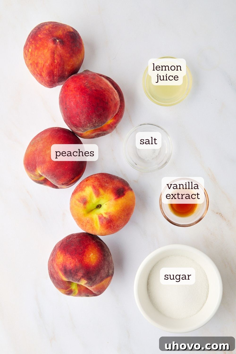 Overhead view of fresh peaches, granulated sugar, lemon juice, and a pinch of salt, neatly arranged as ingredients for peach compote.
