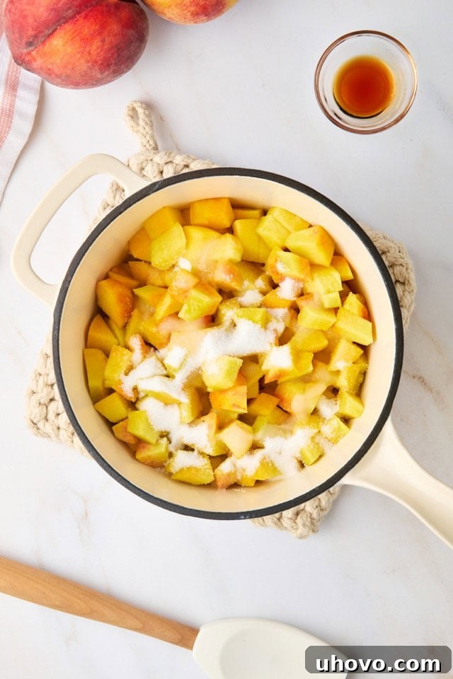 Overhead view of chopped peaches, granulated sugar, lemon juice, and a pinch of salt simmering gently in a saucepan.