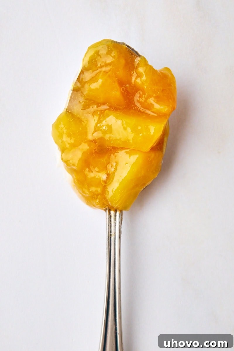 A single spoonful of vibrant peach compote resting delicately on a clean white surface, highlighting its texture and color.