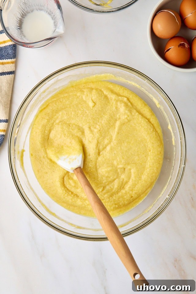 An overhead view of the perfectly mixed cornmeal pound cake batter, smooth and ready for the pan, resting in a clear glass mixing bowl.